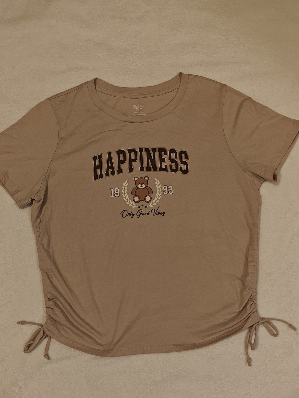 Queen Bees. Beige 'Happiness' Short Sleeve Tee with Teddy Graphic and Side Ties